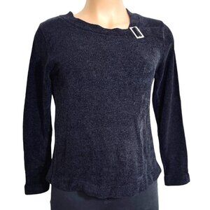 ERIKA Luxurious Black Chenille Sweater Women's XL Rhinestone Brooch Neckline EUC